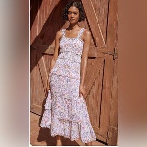 SAYLOR Leana Garden Floral Dobby Tiered Ruffle Smoked Midi Maxi Dress Smll